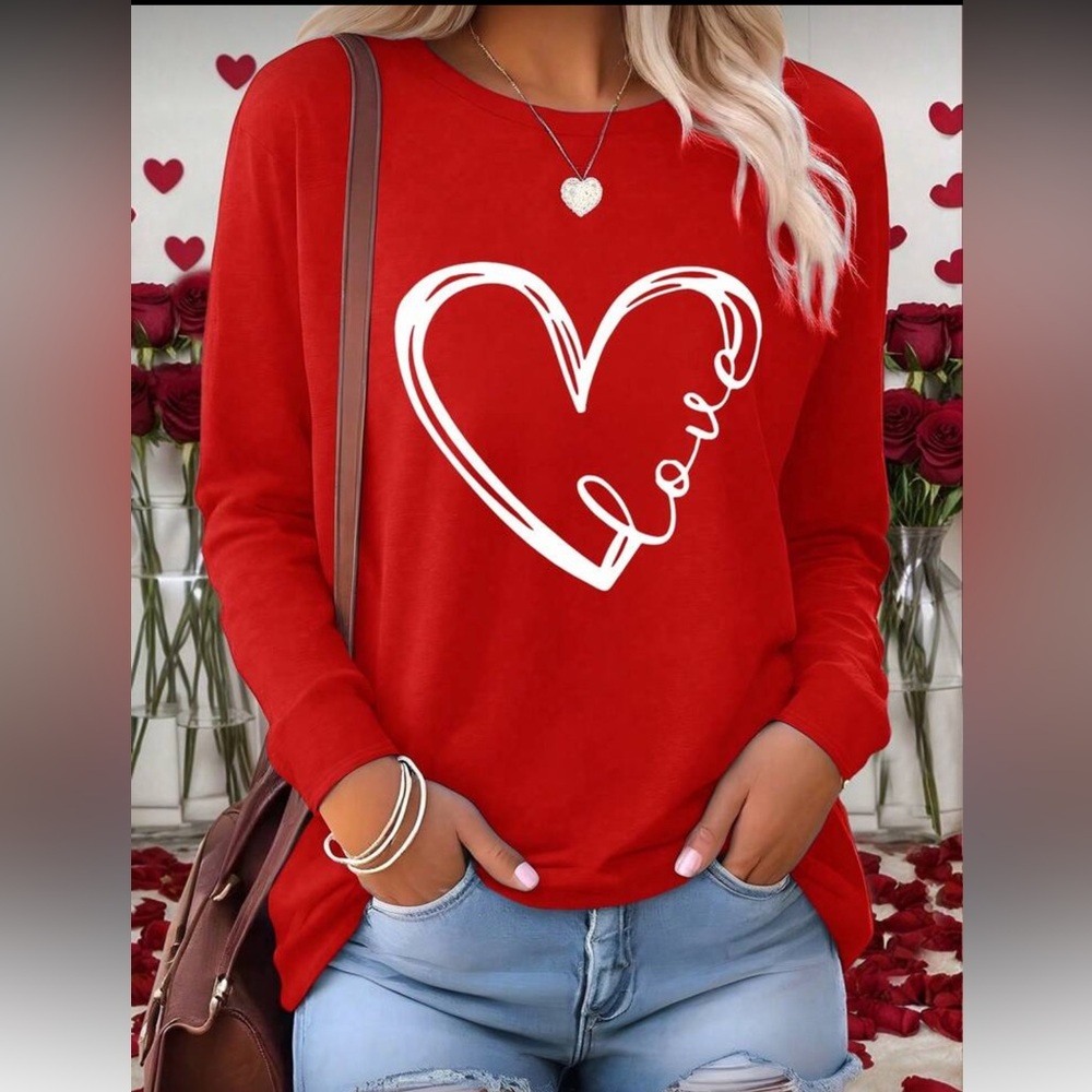 Red White Heart Long Sleeve‎ Pullover T Shirt Tee